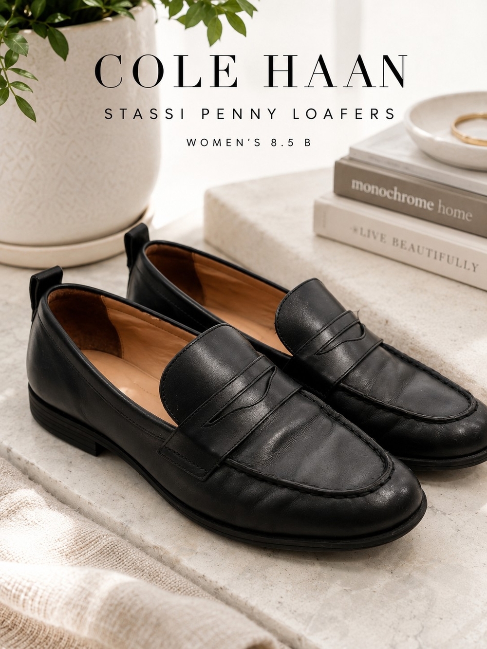 Cole Haan Stassi Penny Loafers Black Leather Grand 360 Women’s 8.5